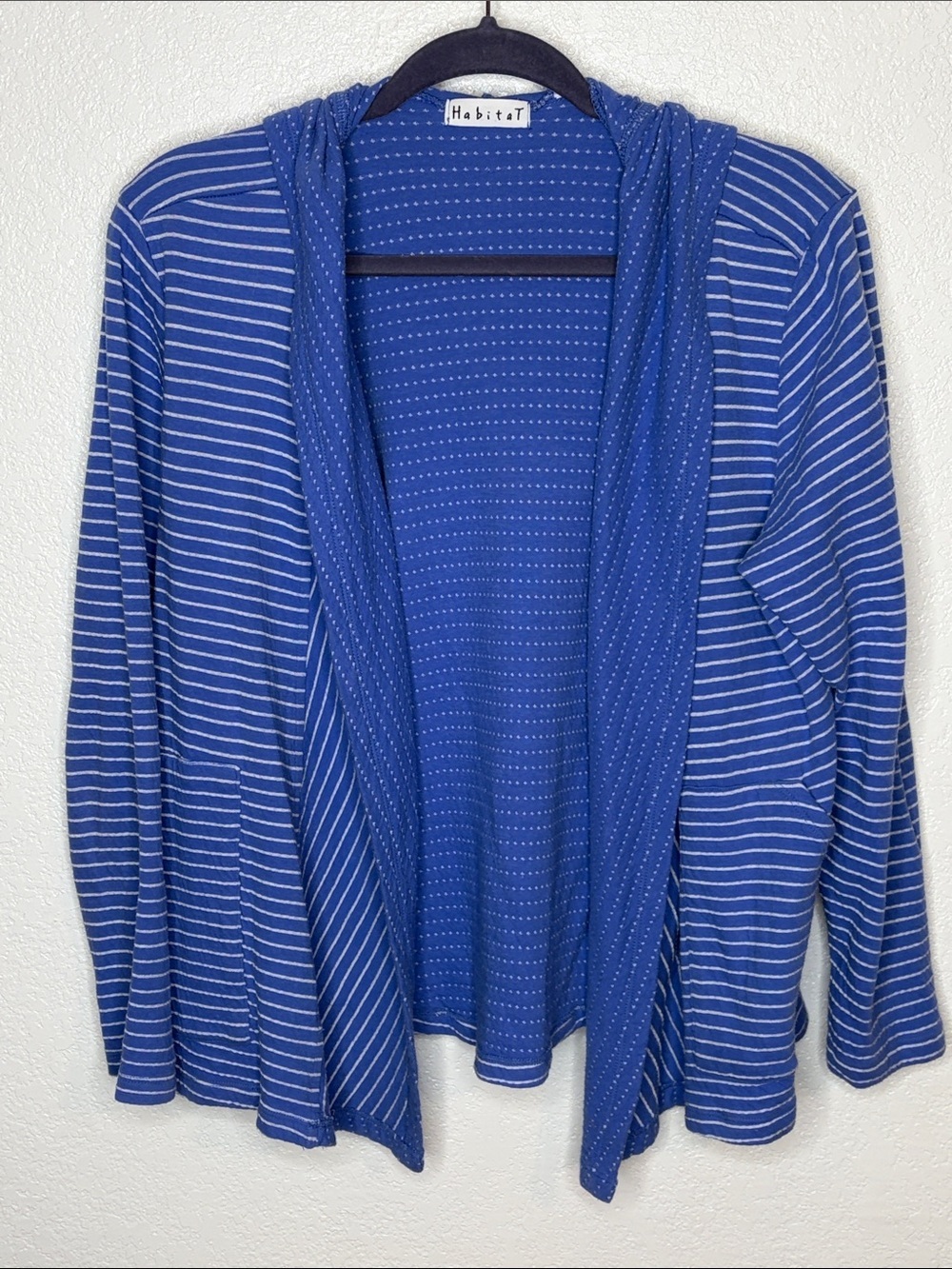 Habitat Periwinkle & White Striped Hooded Cardigan Size Medium Lagenlook